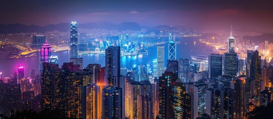 Obraz premium Nighttime view of Hong Kong skyline with skyscrapers illuminated by colorful lights.