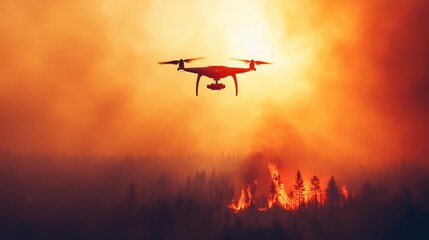 Drone monitoring wildfires during sunset over forest, capturing dramatic nature scene, smoke and flames visible.