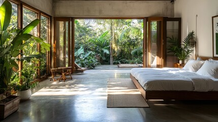 Fototapeta premium 2410 59.A bright and airy loft room with a combination of raw concrete flooring and warm wooden planks overhead, large open doors showcase the lush green tropical garden outside, offering a tranquil
