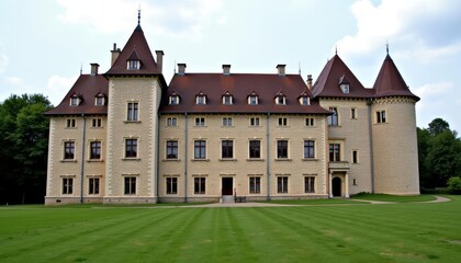  Elegant castlelike mansion with manicured lawn