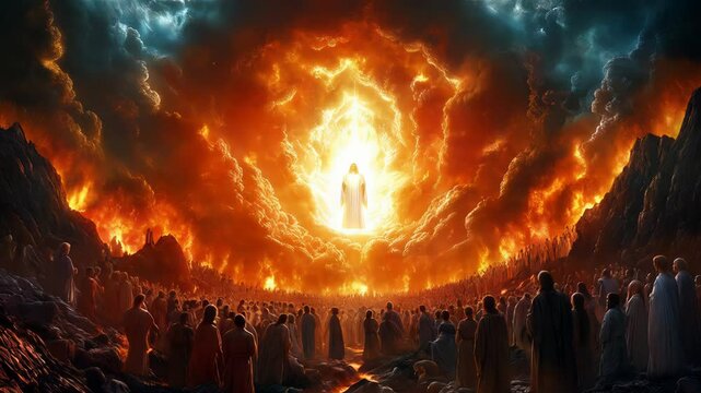 Jesus Christ is returning in glory, surrounded by fiery clouds, as multitudes gather before him. The scene evokes a sense of awe and anticipation