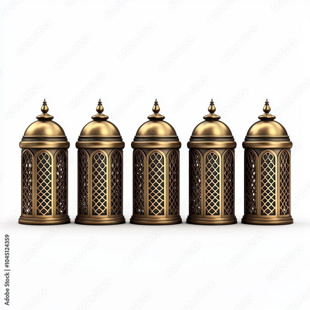 Wall mural five ornate bronze lanterns with intricate designs, isolated on a white background.