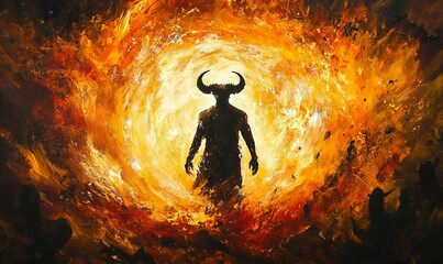 A horned silhouette stands in a fiery portal.