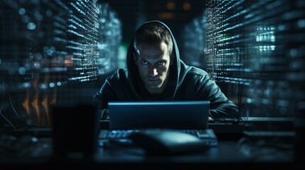 Software engineer typing on a laptop, face hidden by the monitor