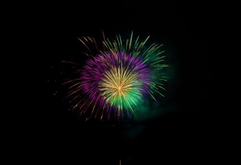 Fototapeta premium A colorful firework explodes in the night sky, isolated against a dark background.