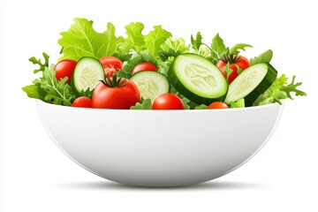 Fresh salad with tomatoes, cucumbers, and greens in a white bowl on a white background.