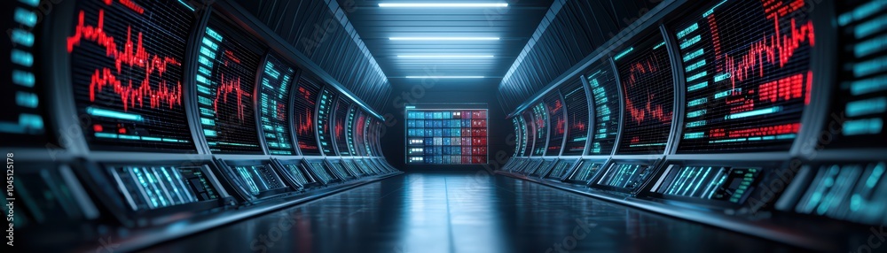Poster futuristic control room with glowing screens and digital interfaces showcasing data and graphs.