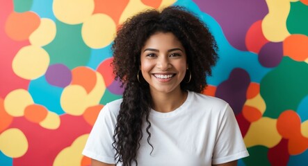 mixed race young woman colorful background wearing plain white tshirt smiling happy portrait