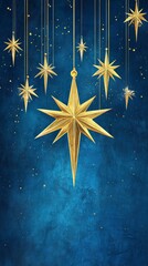 Fototapeta premium Golden christmas stars hanging on blue background with glitter