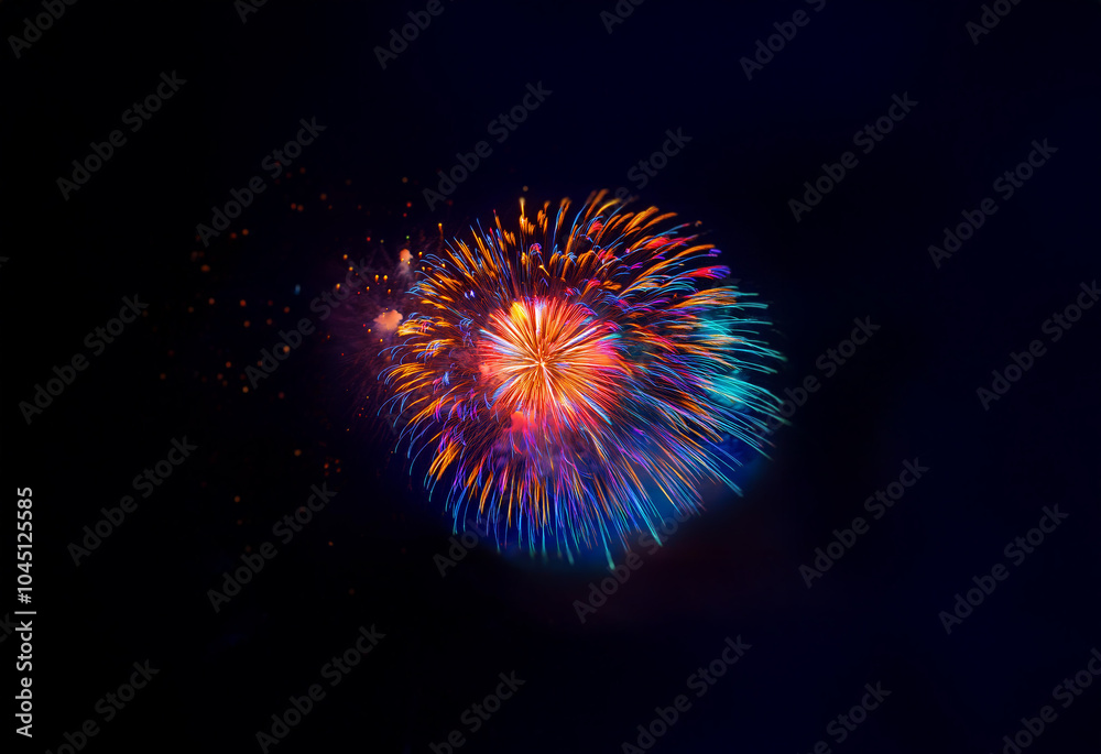 Wall mural A single firework explodes in a burst of colorful light against a dark, isolated background.