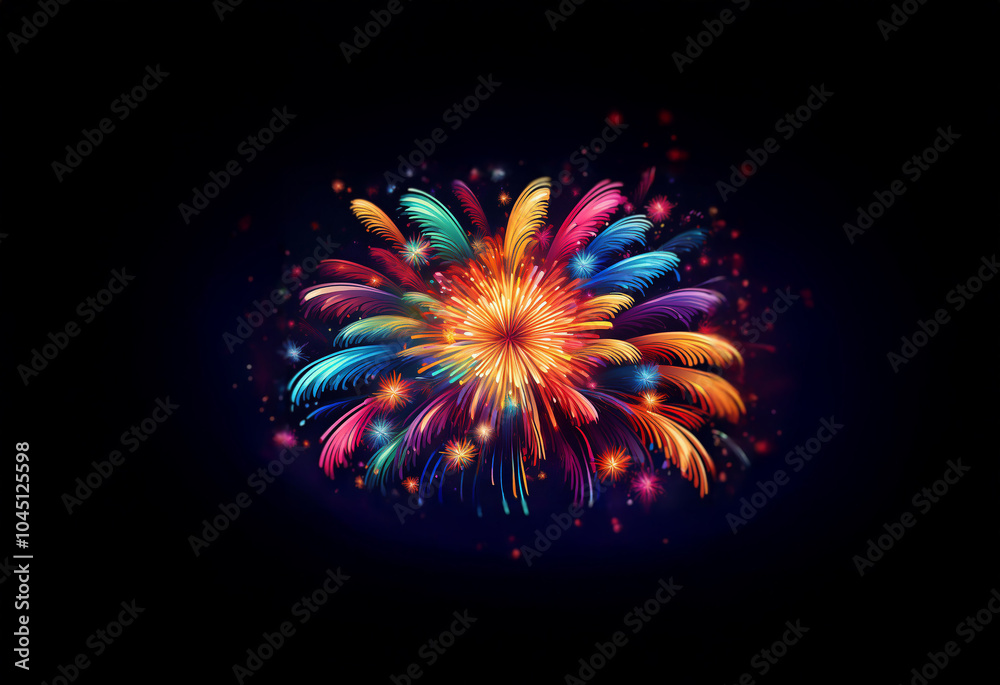 Wall mural A vibrant, multi-colored firework bursts against a dark, isolated background.