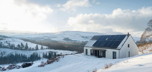 Fotografía de modernos paneles solares negros en el techo, nieve en el paisaje invernal de los Alpes con un pequeño pueblo y bosque al fondo.