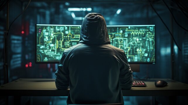 Programmer sitting at a desk, back to the camera, face covered by a screen - Powered by Adobe