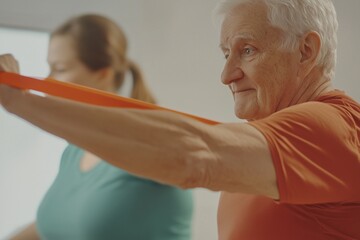 A medium shot of an elderly patient performing exercises with resistance bands to improve strength and mobility during rehabilitation