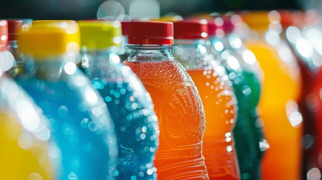 A display of icecold beverages including bottled water juice and sports drinks perfect for quenching thirst after a meal.