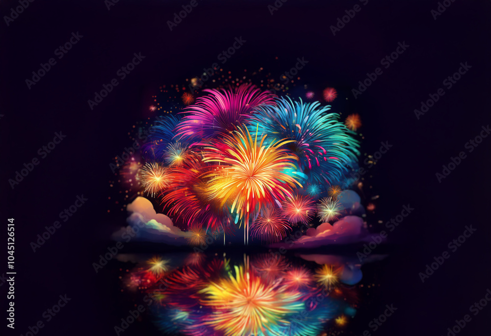 Wall mural A vibrant display of fireworks bursts across a dark sky, reflected in a still body of water,  creating a beautiful and festive scene.