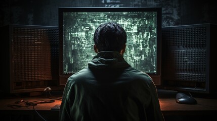 Fototapeta premium Developer typing on a computer, face concealed by the back of a monitor