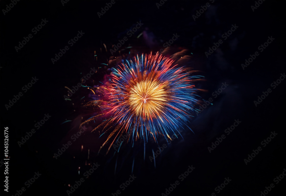 Sticker An isolated firework burst against a black background, with streaks of red, blue, and yellow light.