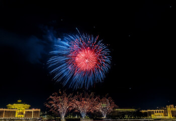 A single firework explodes in a burst of red and blue against a dark night sky. The firework is isolated against a black background.