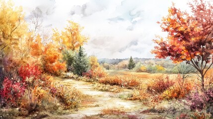 Fototapeta premium Autumnal Forest Path Watercolor Painting