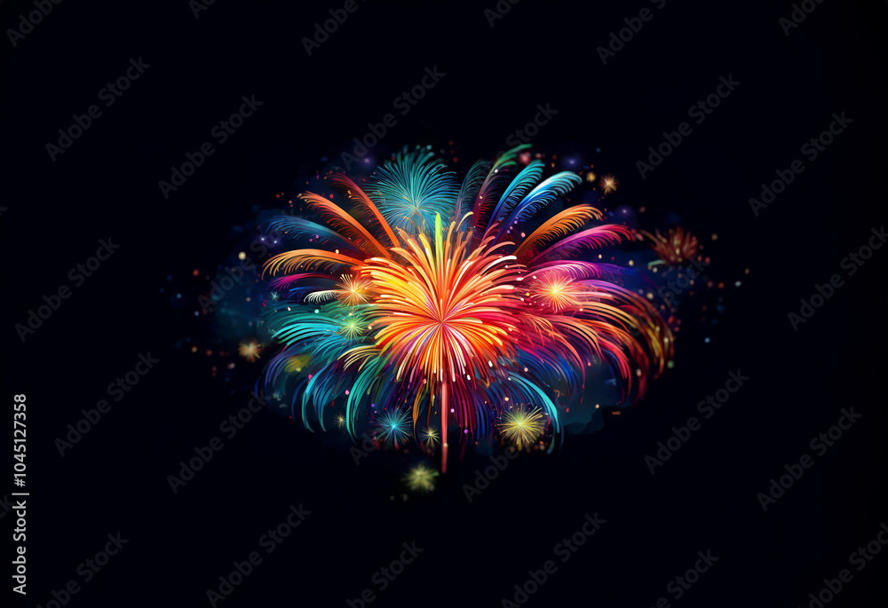 Poster a vibrant, multi-colored firework display explodes against a dark, isolated background.