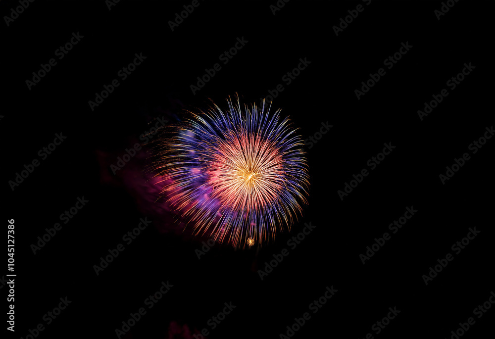 Poster a single firework explodes against a dark background, creating a vibrant display of red, orange, yel
