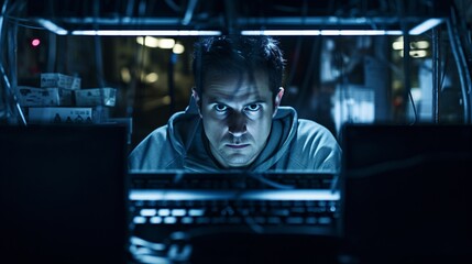 Obraz premium Software engineer focused on a task, face not visible from behind the monitor