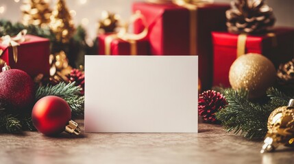 Blank card with gift box holiday ornament on table for greeting card poster design.