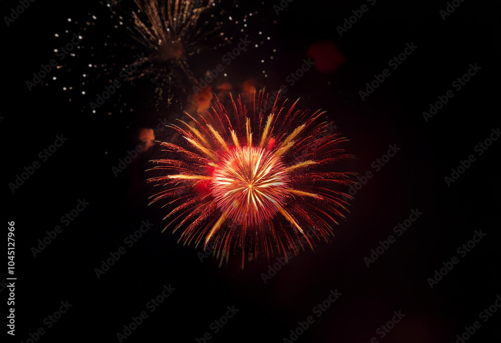 Poster An isolated firework explodes in a burst of red and yellow against a black background.