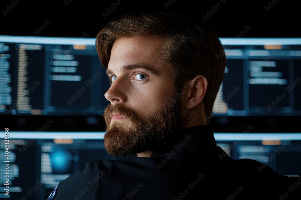 Poster man in a black shirt with a beard looking back at multiple computer screens displaying data.
