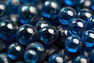 Abstract Composition of Glossy Black Spheres with Reflective Surfaces, Shiny black circles. 3D bubbles, spheres, drops on blue background.

