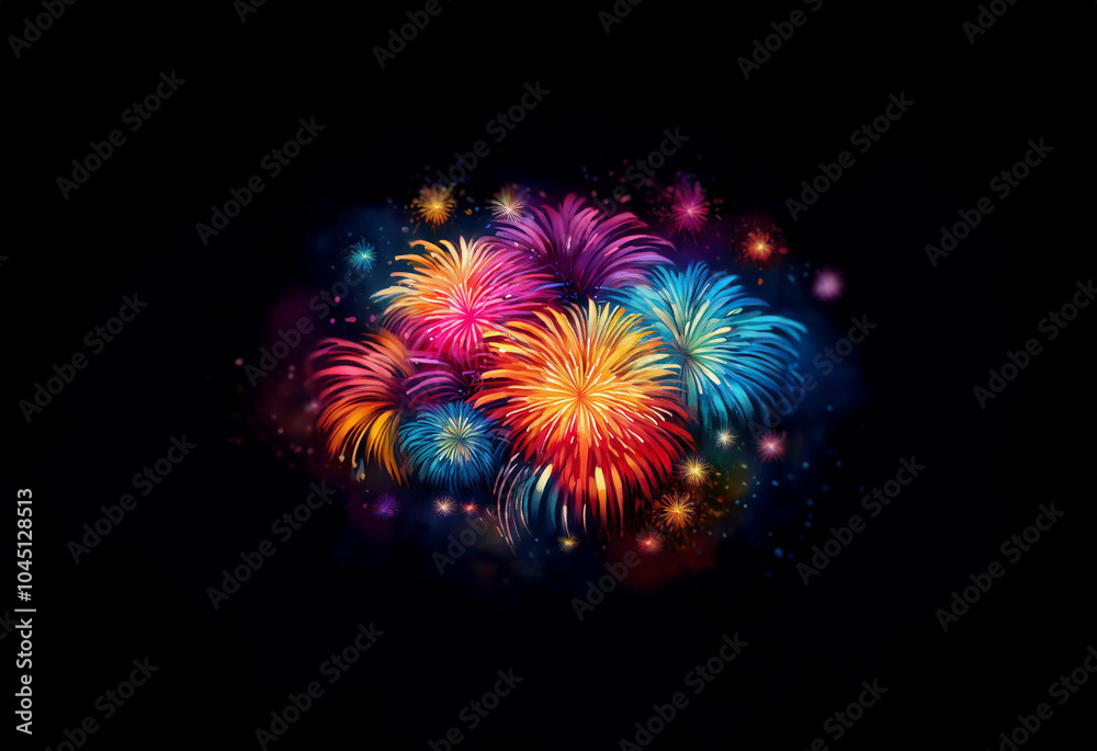 Poster A cluster of colorful fireworks explodes against a dark background.