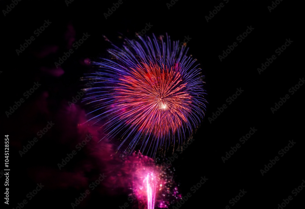 Sticker A single firework bursts in the night sky with a vibrant display of pink and blue, isolated against a black background.