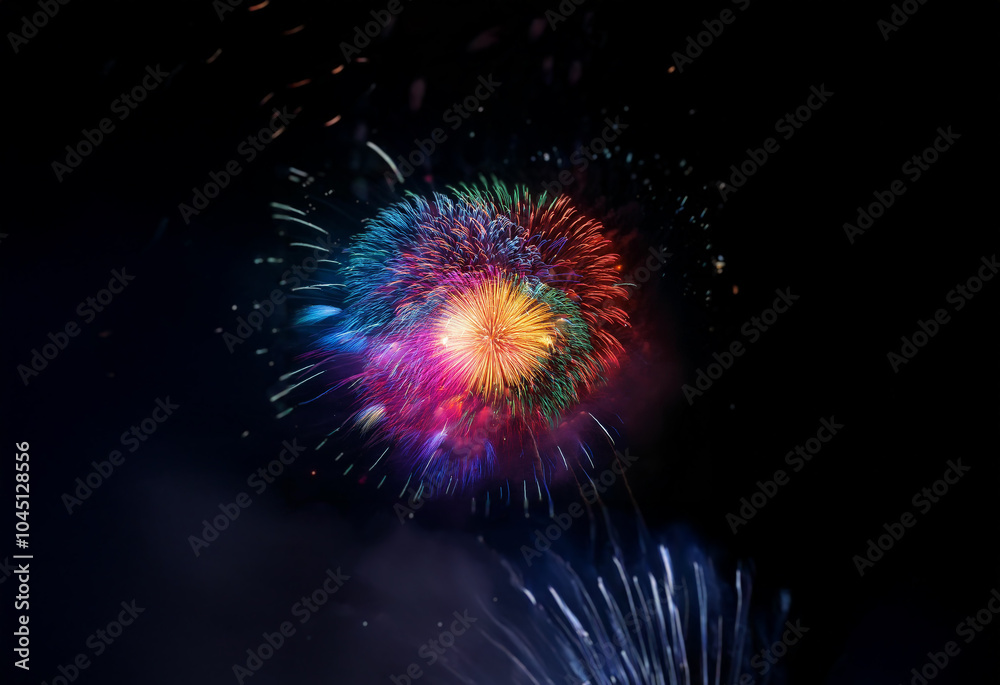 Poster a colorful firework display explodes in the night sky, isolated against a black background.