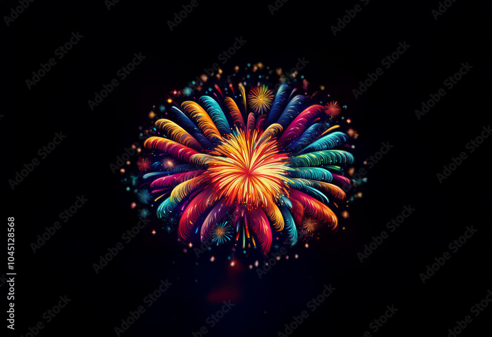 Poster A colorful firework display explodes in a circular pattern against a black background, creating a mesmerizing spectacle of light and color.