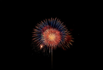 A single firework explodes in a burst of red, blue, and yellow against a black background.