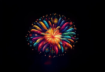 A colorful firework display explodes in a circular pattern against a black background, creating a mesmerizing spectacle of light and color.