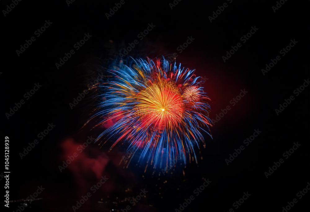 Poster a burst of colorful fireworks explodes against a dark, isolated background.