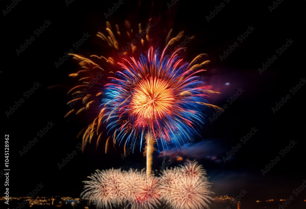 Sticker A colorful fireworks display explodes in the night sky, isolated against a black background.