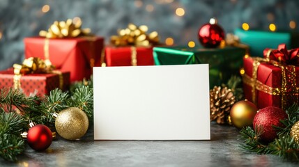 Blank card with gift box holiday ornament on table for greeting card poster design.