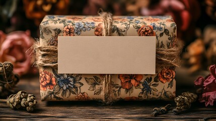 Realistic thank you card mockup with botanical illustrations, placed on a wooden surface with soft natural light