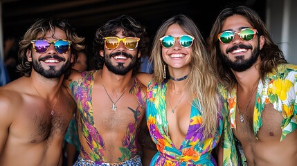 Friends at a rooftop party under colorful lights and fireworks, wearing festive outfits and celebrating New Year