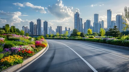 Scenic Highway Road with Urban Skyline and Lush Garden Landscape
