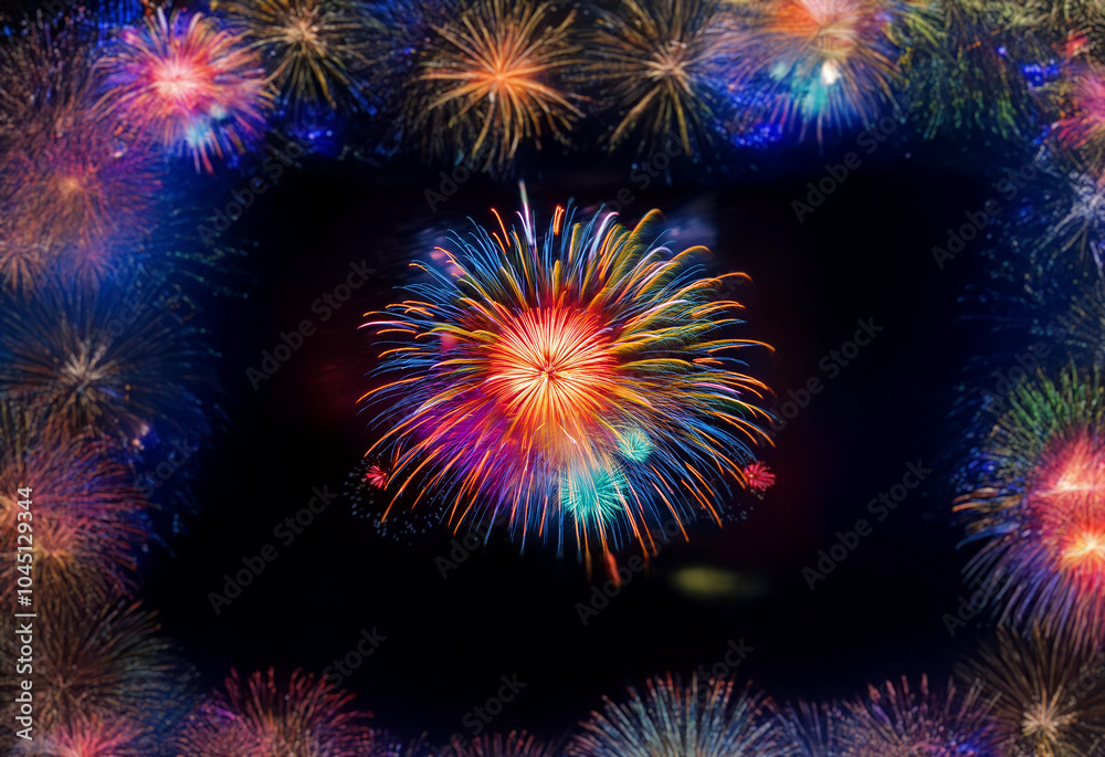 Poster A single firework explodes in a burst of vibrant colors surrounded by an array of other fireworks against a dark, isolated background.