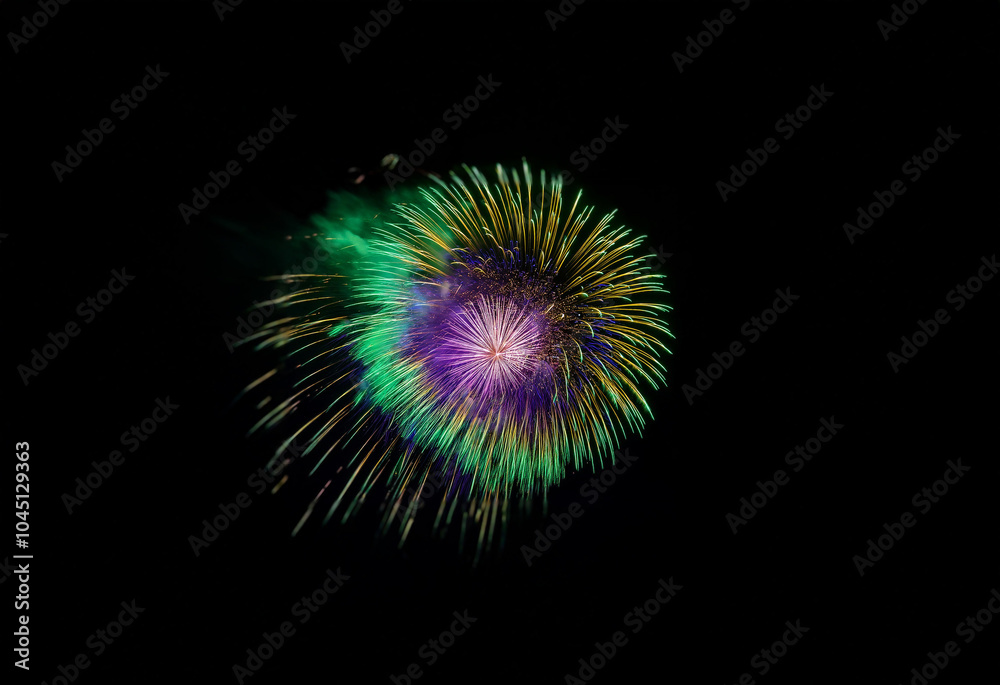 Canvas Prints A single firework bursts in a circular shape against a black background. Green, yellow, and purple colors are present.