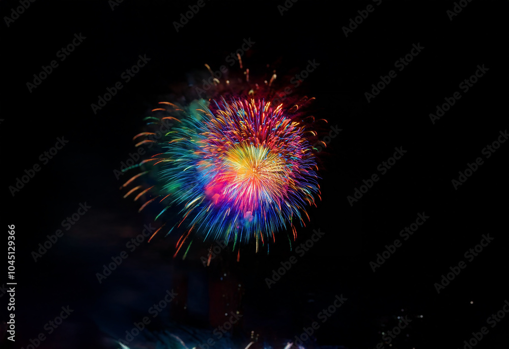 Poster A vibrant, multi-colored firework burst explodes against a dark, isolated background.