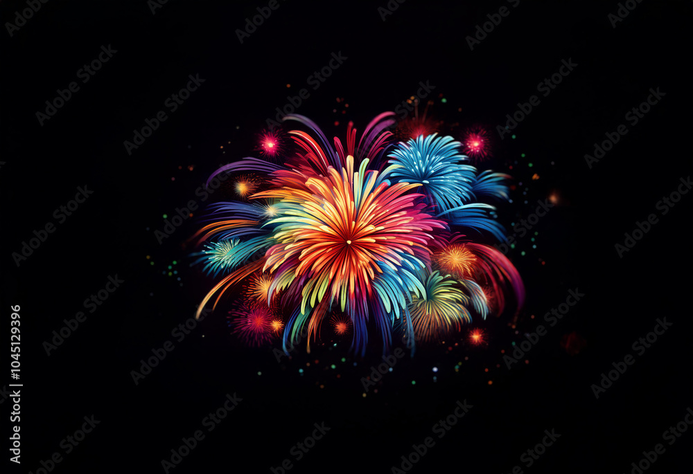 Poster a vibrant firework display bursts with color against a stark black background.
