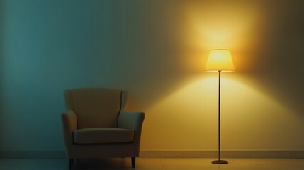 2410 29.A modern living room setup with a bright armchair positioned beside a sleek lamp, casting gentle light against a plain white wall, the room filled with subtle, airy brightness and a clean,