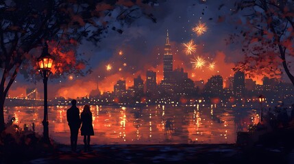 Fototapeta premium A couple walking hand in hand through a snowy park with festive lights and fireworks, celebrating the New Year romantically