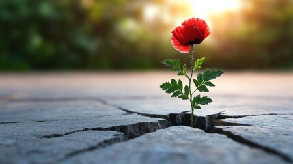 Anzac day remembrance concept with bright red poppies emerging from cracks in pavement at sunrise